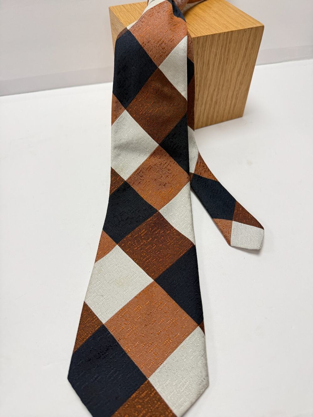 Vintage Argyle Wide Tie Brown Navy Cream Textured Damon by The Squire’s Shop
